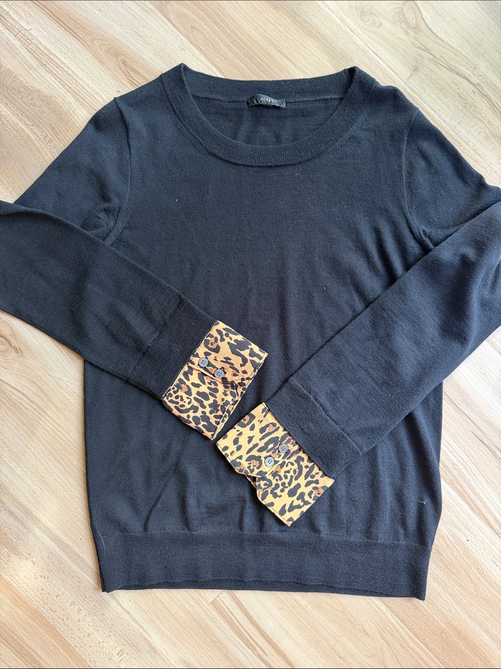 J crew 100% wool Black Women's Sweater with Leopard Print Cuff